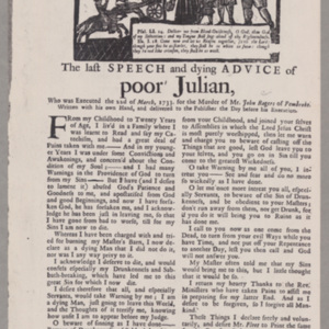 The last Speech and dying Advice of poor Julian, Who was Executed the 22d of March, 1733. for the Murder of Mr. John Rogers of Pembroke.