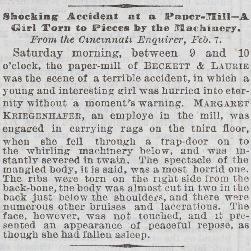 Shocking Accident at a Paper-Mill - A Girl Torn to Pieces by the Machinery